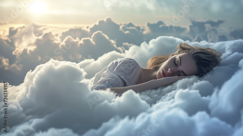 woman sleeping peacefully on soft clouds in the sky photo