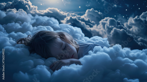 kid sleeping peacefully on soft clouds in the sky at night under moon light