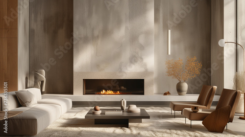 A sophisticated contemporary living room, featuring a sleek fireplace and chic modern furniture