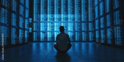 Database server center with the silhouette of an IT Engineer overseeing high-speed data transfer.