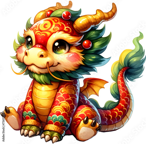 Cute cartoon Chinese Dragon smile and sitting, illustration.