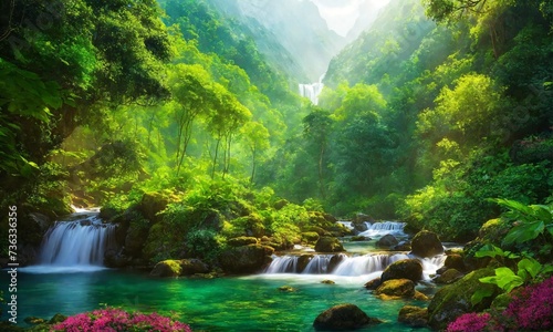 Waterfall river stream in green nature forest landscape, amazing nature