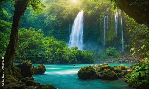 Waterfall river stream in green nature forest landscape  amazing nature