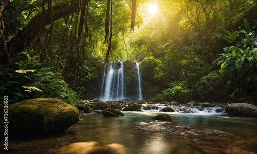 Waterfall river stream in green nature forest landscape  amazing nature