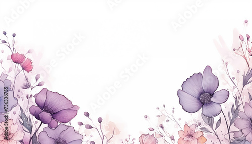 Fototapeta Naklejka Na Ścianę i Meble -  Collection of purple watercolor foliage plants and flowers clipart on white background. Botanical spring summer leaves illustration. Suitable for wedding invitations, greeting cards, frames and bouque