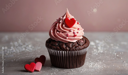 Chocolate cupcake with pink frosting decorated with the hearts