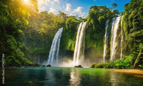 Panoramic photo landscape / Waterfall hidden in the tropical jungle, amazing nature