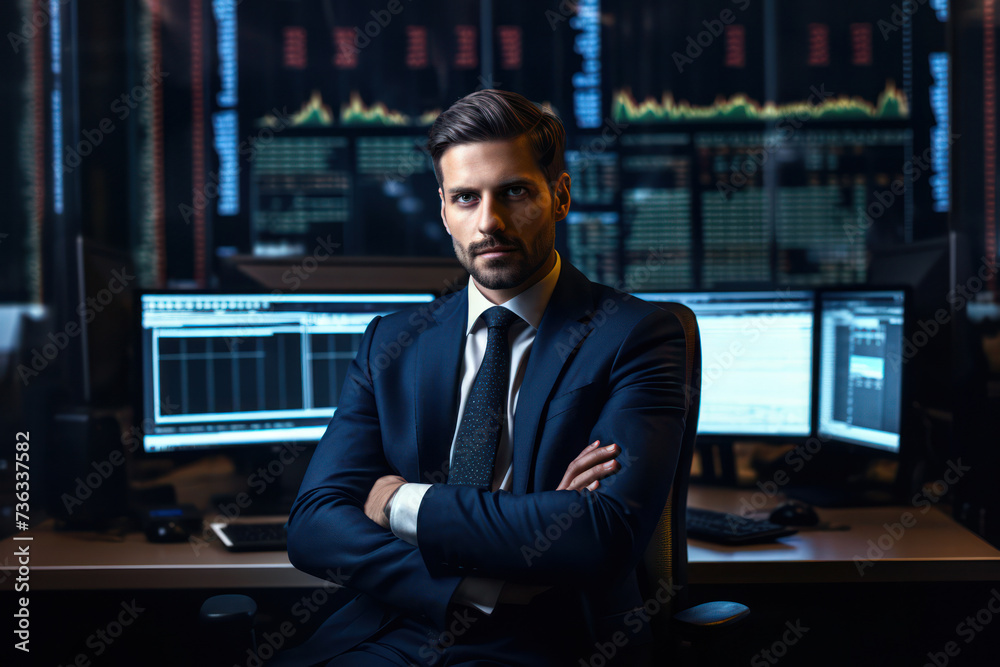 Successful Businessman Working in Office, Analyzing Stock Market Growth on Computer Screen Successful Businessman Working in Office, Analyzing Stock Market Growth on Computer Screen