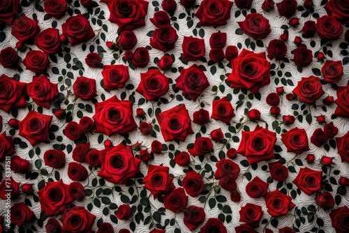 red beads on a white background, A mesmerizing display of natural fresh red roses forms a stunning pattern against a white background. Viewed from the top, the roses create a beautiful tapestry of col