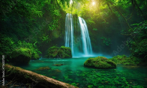 Panoramic photo landscape   Waterfall hidden in the tropical jungle  amazing nature