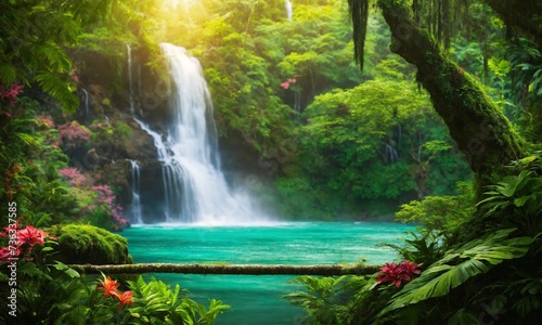 Panoramic photo landscape   Waterfall hidden in the tropical jungle  amazing nature