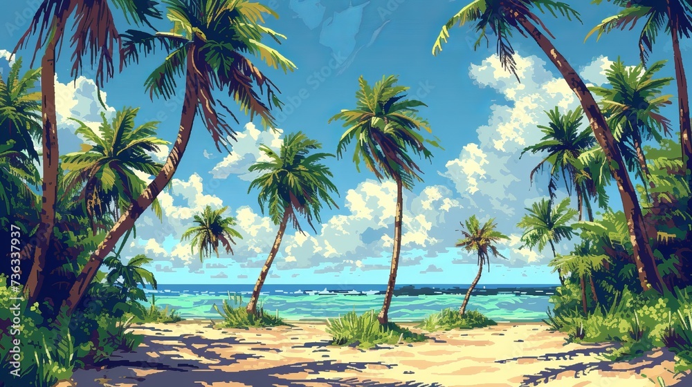 Tall, thin palm trees line the sandy shores, with their green fronds swaying in the pixelated good breeze - obrazy, fototapety, plakaty 