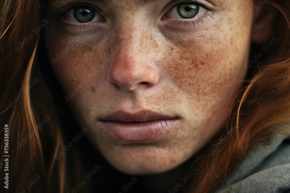Freckled Beauty: A Close-Up Portrait of a Young Woman with Red Hair and Attractive Freckles Freckled Beauty: A Close-Up Portrait of a Young Woman with Red Hair and Attractive Freckles