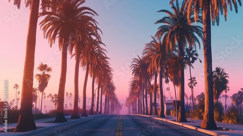 Tall, slender palm trees line the streets, their pixelated fronds swaying gently in the nice breeze © Vuqar