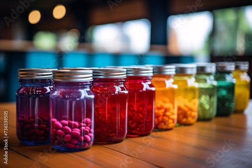 a row of jars filled with different colored objects