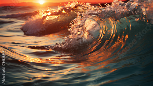 photo of a close-up view of sea waves against the setting sun