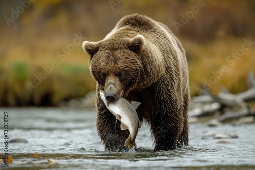 A brown bear carries a fish in its mouth. The bear caught a fish. A wild, predatory animal with prey in its mouth goes by nature.