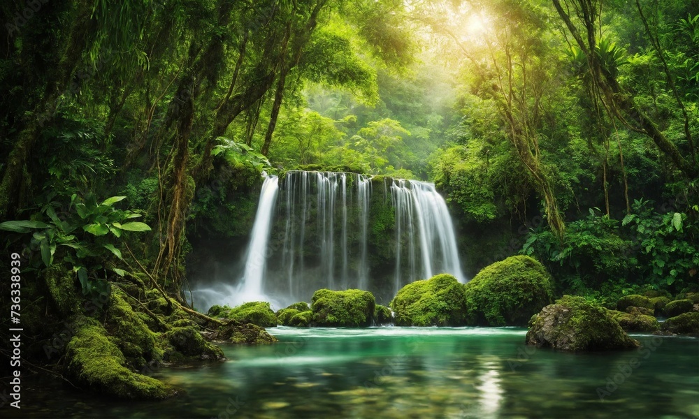 Jungle landscape with flowing turquoise water, amazing nature