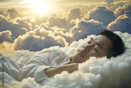 asian man sleeping peacefully on soft clouds in the sky