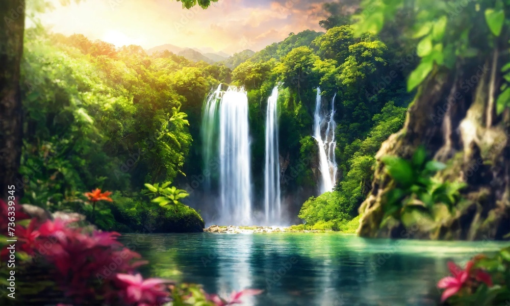 Fototapeta premium Beautiful mountain rainforest waterfall with fast flowing water and rocks, amazing nature