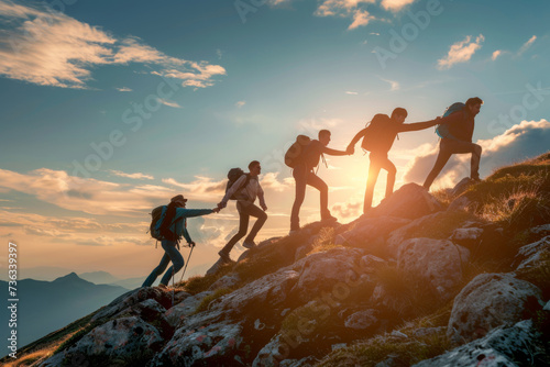 A group of hikers team with backpacks helping each other hike up a mountain. Adventurous lifestyle. Teamwork concept.