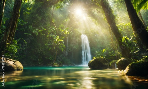 Beautiful mountain rainforest waterfall with fast flowing water and rocks  amazing nature