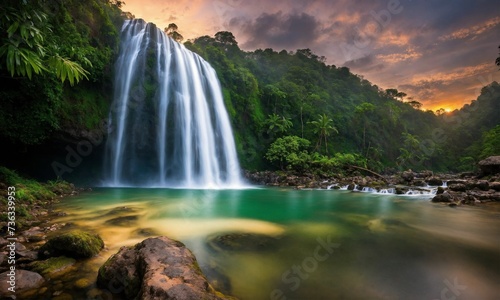 Beautiful mountain rainforest waterfall with fast flowing water and rocks  amazing nature