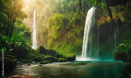 Beautiful mountain rainforest waterfall with fast flowing water and rocks  amazing nature