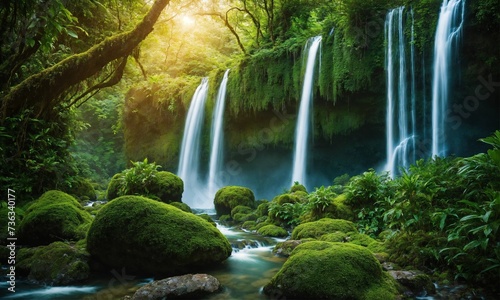 Beautiful mountain rainforest waterfall with fast flowing water and rocks  amazing nature