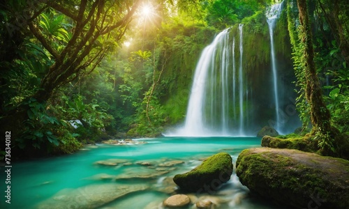 Beautiful mountain rainforest waterfall with fast flowing water and rocks  amazing nature