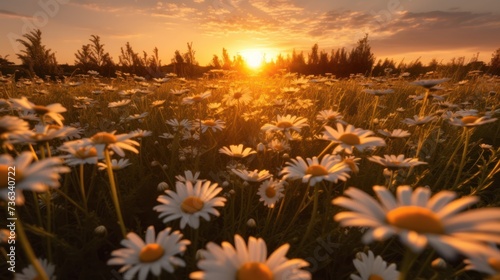 landscape view of sunrise in a daisy field
