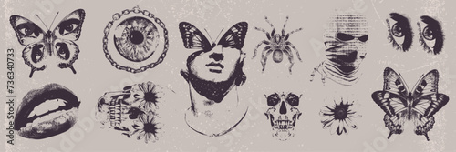 Futuristic retro photocopy object set, vector surrealism contemporary sticker design, lips, eyes. Grunge noise monochrome tattoo, contemporary surreal art brutalism aesthetic. Futuristic retro effect 
