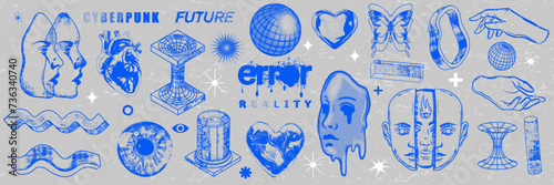 Retro futuristic object set, vector y2k cyberpunk sticker kit, brutalism shape collection, globe. Techno cyber acid tattoo, grunge texture halftone geometric forms, heart, human face. Retro futuristic