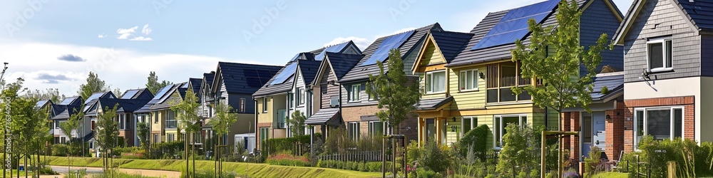 New beautiful suburban houses with solar panels on the roof