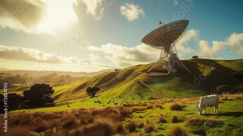 The space communications antenna stands on a hill. Animals graze in the pasture around the antenna.