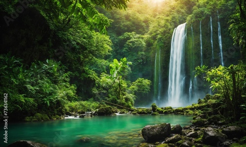 Waterfall hidden in the tropical jungle  amazing nature