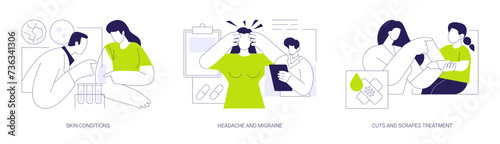 Walk-in clinic patients common complaints abstract concept vector illustrations.
