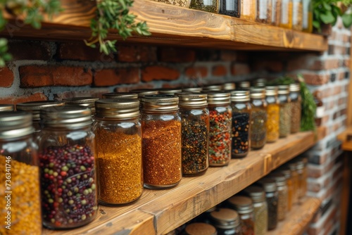 A shelf full of mason jars filled with preserved fruits and spices, creating a colorful and organized indoor display of a variety of flavors