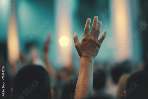 AI Generated Image. Hand raising in front of voters. Election concept