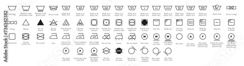 Laundry symbol, care label, clothes washing instruction icon vector set. Machine and hand wash advice symbols, fabric cotton cloth type for garment labels photo