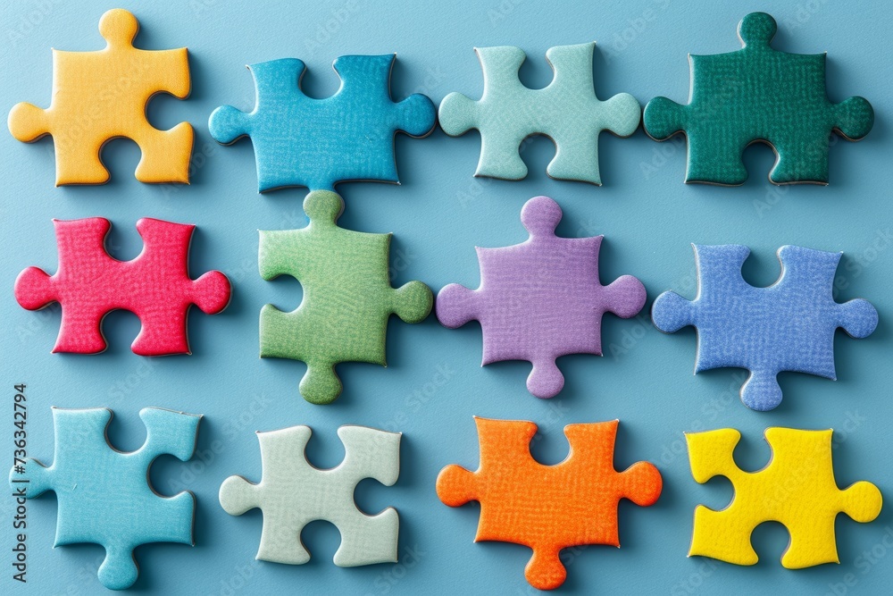 Colorful Puzzle Pieces Arranged on Light Blue Surface Colorful Puzzle Pieces Arranged on Light Blue Surface