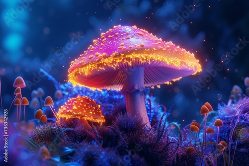 Illuminated Neon Mushrooms in Mystical Forest Setting