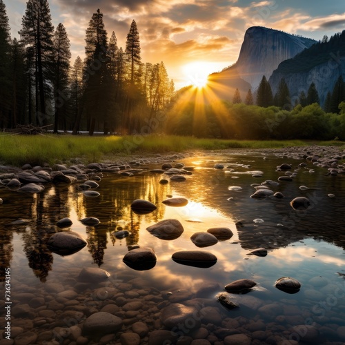 Yosemite valley sunrise.. Mountains nature landscape in USA