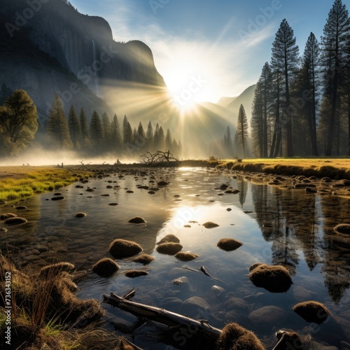 Yosemite valley sunrise.. Mountains nature landscape in USA