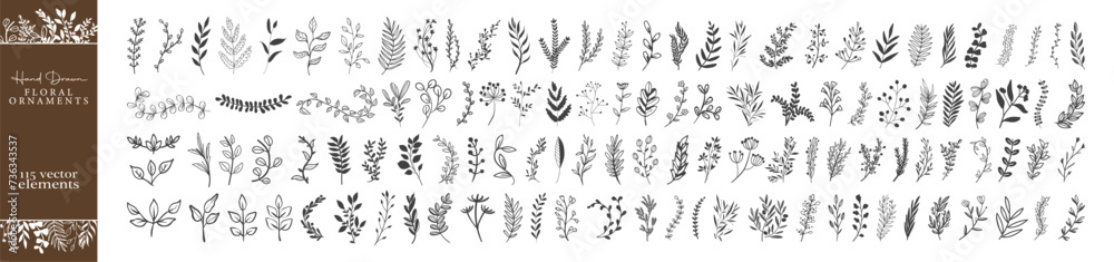 © Tata - Floral branch and minimalist flowers. Hand drawn line wedding herb, elegant leaves