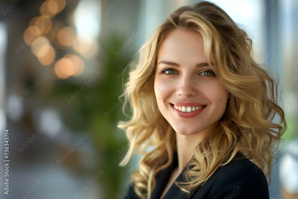 Smiling Professional Blonde Woman in a Business Suit in a Brightly Lit Office Space Smiling Professional Blonde Woman in a Business Suit in a Brightly Lit Office Space
