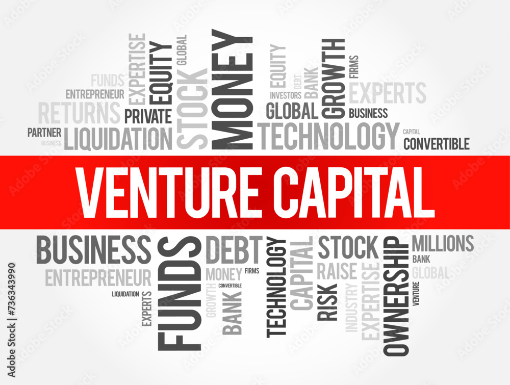 Fototapeta premium Venture Capital - form of investment in early-stage companies with strong growth potential, word cloud concept background