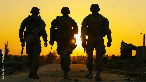 Sunset photo of a several infantrymen patrolling the area. With every step, these silhouettes etch a story of bravery, resilience, and the unyielding spirit of those who protect and serve.