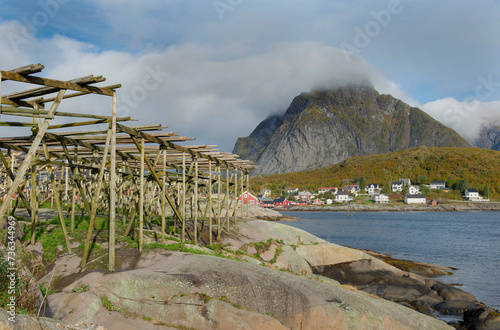 Picturesque landscape on a fishing village with fish drier in Reine in Lofote...