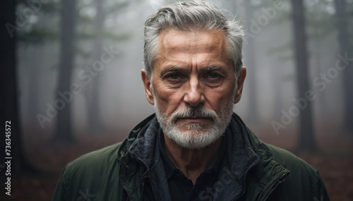 Portrait of a mature man standing in autumn foggy forest. AI generated